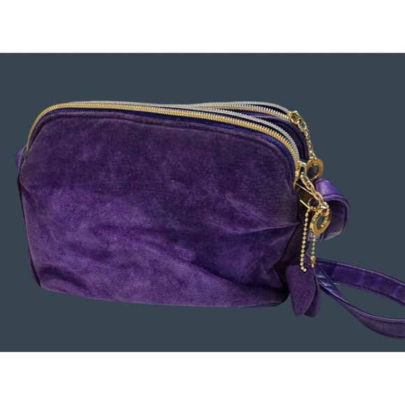 Purple Suede Leather Crossbody Bag Adjustable Strap & Gold-Tone Zippers bling - Picture 1 of 10
